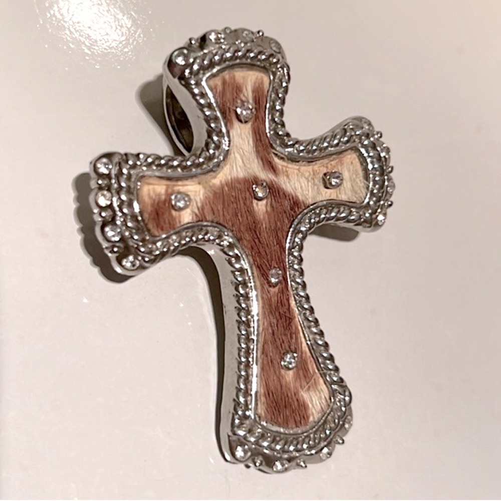 ✝️ GENUINE COWHIDE RHINESTONE STAINLESS STEEL CROSS CLIP SLIDE NECKLACE PENDANT
